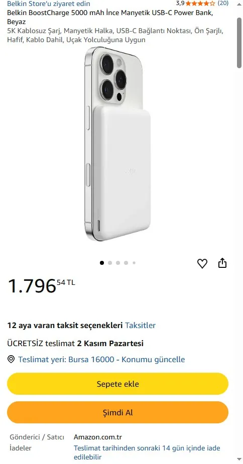 Belkin BoostCharge 5000 mAh İnce Manyetik USB-C Power Bank, Beyaz