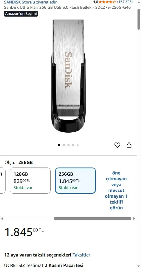 SanDisk Ultra Flair 256 GB USB 3.0 Flash Bellek - SDCZ73-256G-G46