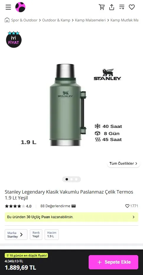 Stanley Legendary Klasik Vakumlu Paslanmaz Çelik Termos 1.9 Lt Yeşil