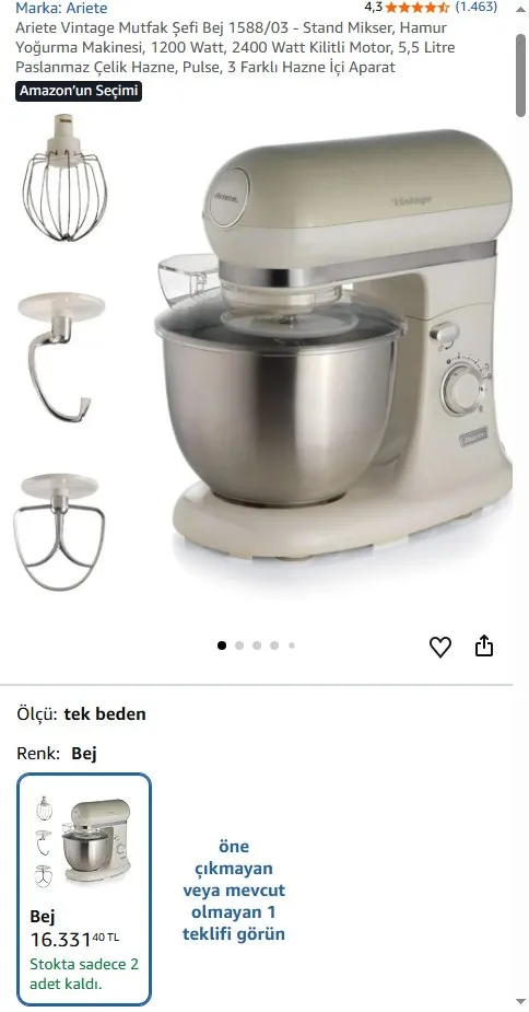 Ariete Vintage Mutfak Şefi Bej 1588/03 - Stand Mikser, Hamur Yoğurma Makinesi, 1200 Watt, 2400 Watt Kilitli Motor, 5,5 Litre Paslanmaz Çelik Hazne, Pulse, 3 Farklı Hazne İçi Aparat