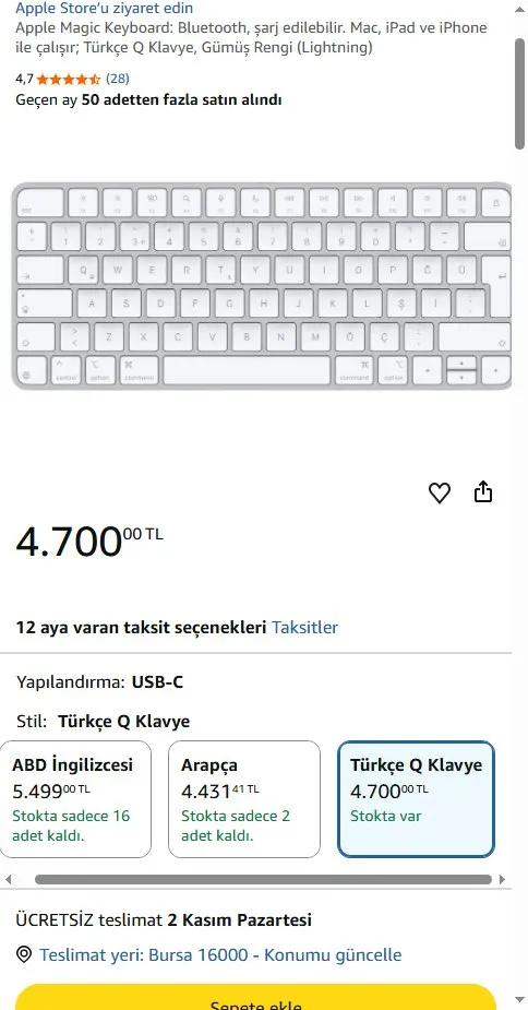 Apple Magic Keyboard: Bluetooth, şarj edilebilir. Mac, iPad ve iPhone ile çalışır; Türkçe Q Klavye, Gümüş Rengi (Lightning)