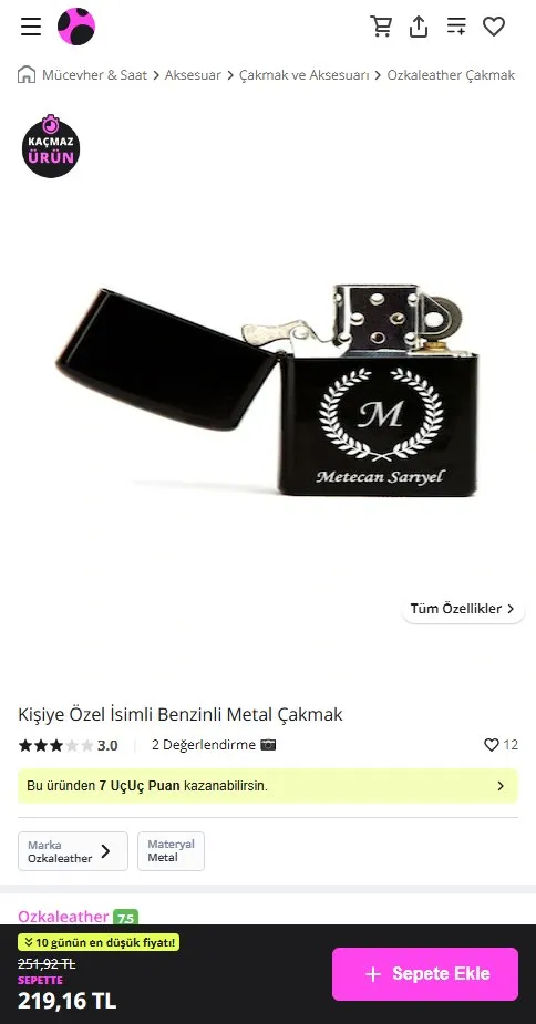 Kişiye Özel İsimli Benzinli Metal Çakmak