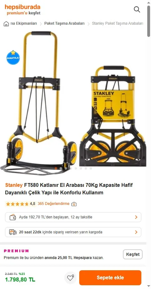 Stanley FT580 Katlanır El Arabası 70Kg Kapasite Hafif Dayanıklı Çelik Yapı ile Konforlu Kullanım