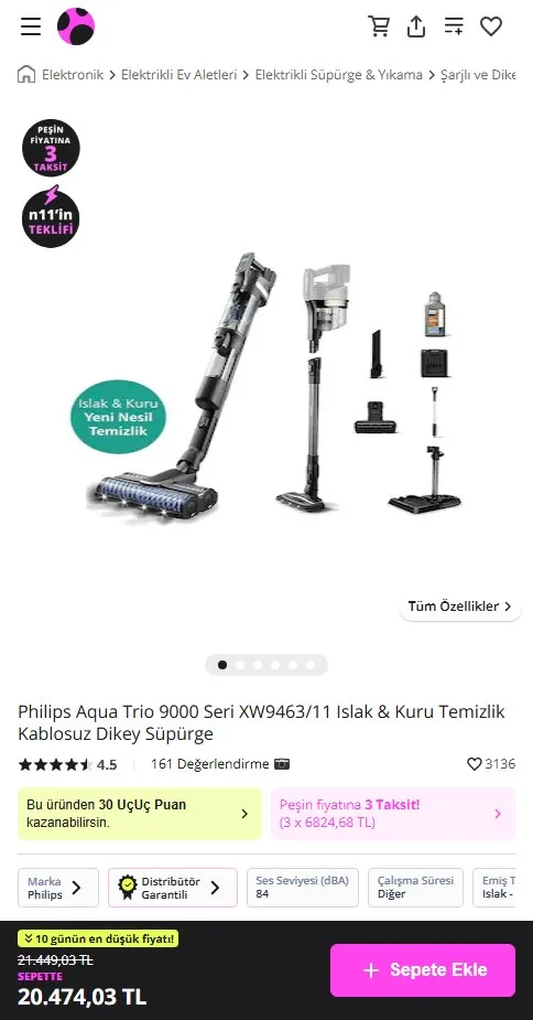 Philips Aqua Trio 9000 Seri XW9463/11 Islak & Kuru Temizlik Kablosuz Dikey Süpürge