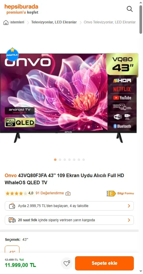 Onvo 43VQ80F3FA 43'' 109 Ekran Uydu Alıcılı Full HD WhaleOS QLED TV