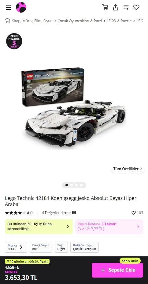 Lego Technic 42184 Koenigsegg Jesko Absolut Beyaz Hiper Araba