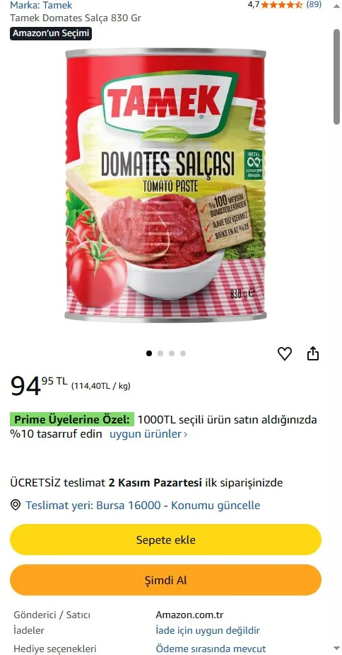 Tamek Domates Salça 830 Gr