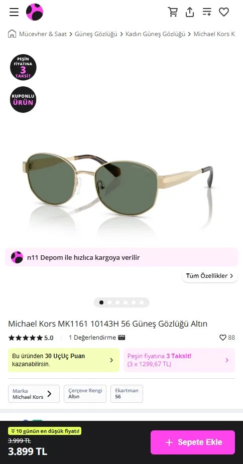 Michael Kors MK1161 10143H 56 Güneş Gözlüğü Altın
