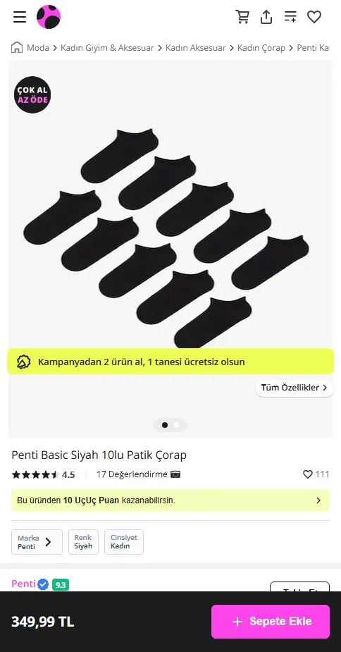 Penti Basic Siyah 10lu Patik Çorap