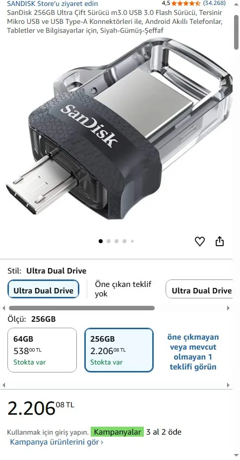 SanDisk 256GB Ultra Çift Sürücü m3.0 USB 3.0 Flash Sürücü, Tersinir Mikro USB ve USB Type-A Konnektörleri ile, Android Akıllı Telefonlar, Tabletler ve Bilgisayarlar için, Siyah-Gümüş-Şeffaf