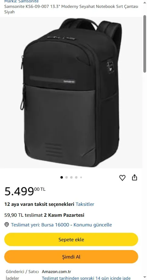 Samsonite KS6-09-007 13.3" Moderny Seyahat Notebook Sırt Çantası Siyah