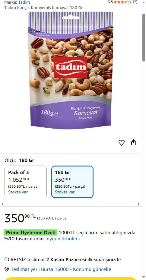 Tadım Karışık Kuruyemiş Karnaval 180 Gr