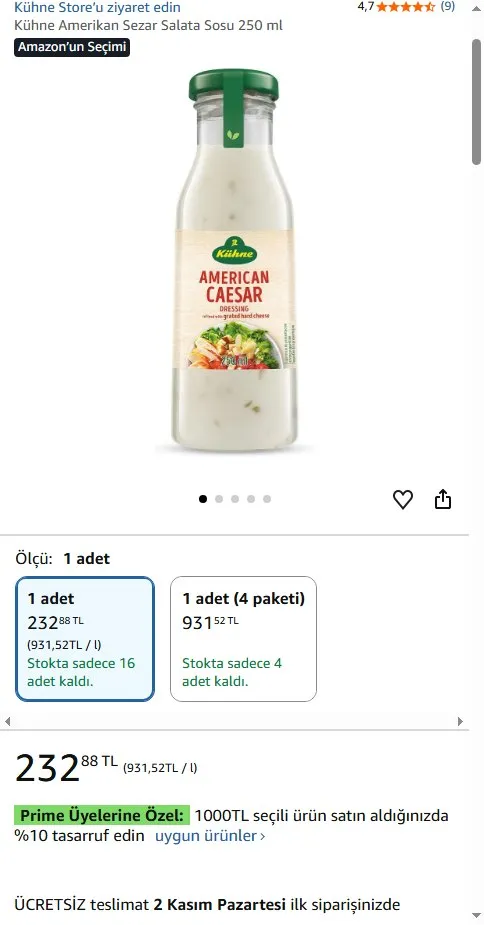 Kühne Amerikan Sezar Salata Sosu 250 ml