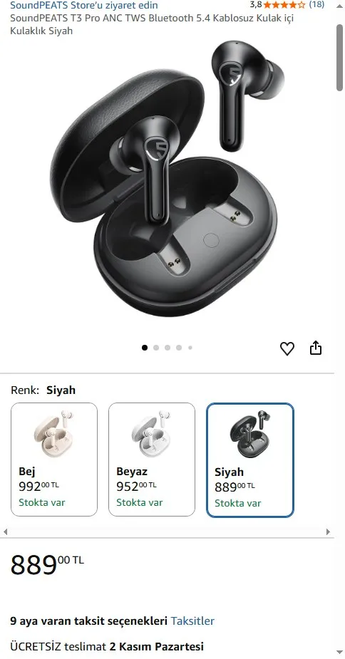 SoundPEATS T3 Pro ANC TWS Bluetooth 5.4 Kablosuz Kulak içi Kulaklık Siyah