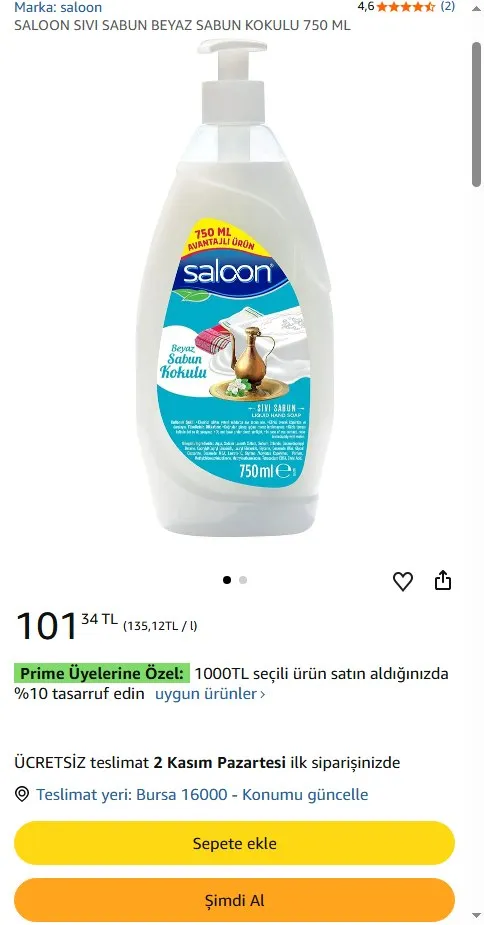 SALOON SIVI SABUN BEYAZ SABUN KOKULU 750 ML