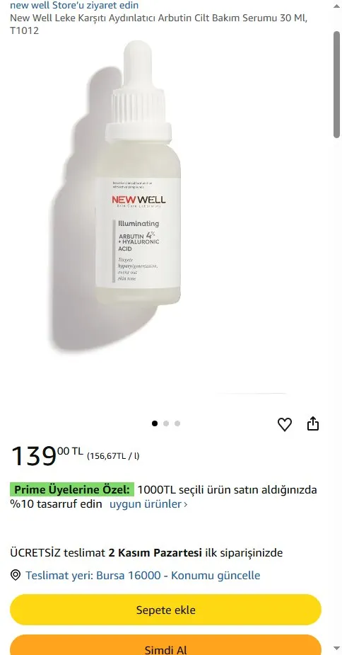 New Well Leke Karşıtı Aydınlatıcı Arbutin Cilt Bakım Serumu 30 Ml, T1012