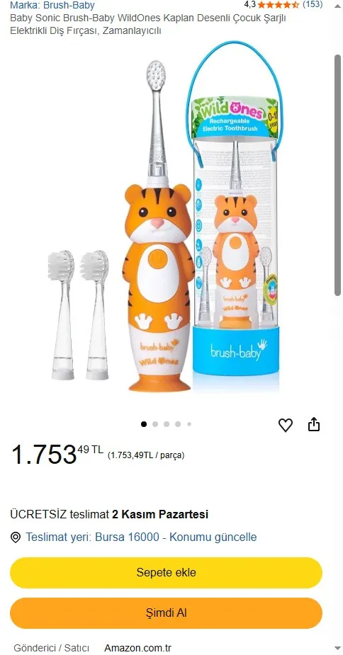 Baby Sonic Brush-Baby WildOnes Kaplan Desenli Çocuk Şarjlı Elektrikli Diş Fırçası, Zamanlayıcılı