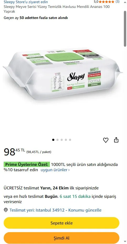 Sleepy Meyve Serisi Yüzey Temizlik Havlusu Mendili Ananas 100 Yaprak