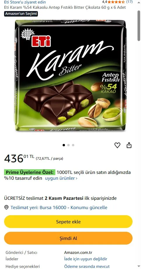 Eti Karam %54 Kakaolu Antep Fıstıklı Bitter Çikolata 60 g x 6 Adet