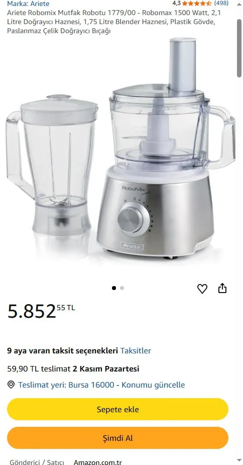 Ariete Robomix Mutfak Robotu 1779/00 - Robomax 1500 Watt, 2,1 Litre Doğrayıcı Haznesi, 1,75 Litre Blender Haznesi, Plastik Gövde, Paslanmaz Çelik Doğrayıcı Bıçağı
