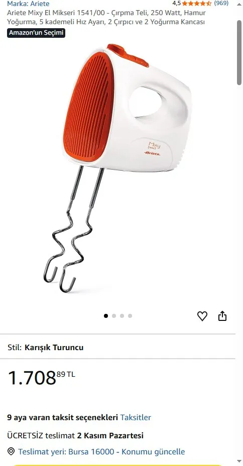 Ariete Mixy El Mikseri 1541/00 - Çırpma Teli, 250 Watt, Hamur Yoğurma, 5 kademeli Hız Ayarı, 2 Çırpıcı ve 2 Yoğurma Kancası