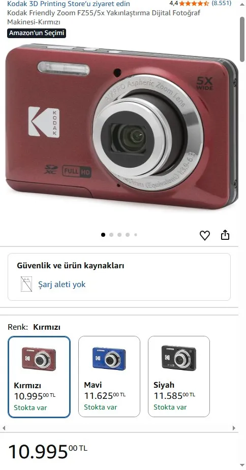 Kodak Friendly Zoom FZ55/5x Yakınlaştırma Dijital Fotoğraf Makinesi-Kırmızı