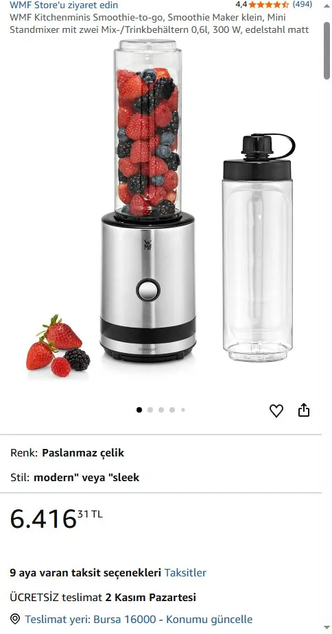 WMF Kitchenminis Smoothie-to-go, Smoothie Maker klein, Mini Standmixer mit zwei Mix-/Trinkbehältern 0,6l, 300 W, edelstahl matt