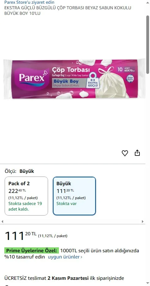 EKSTRA GÜÇLÜ BÜZGÜLÜ ÇÖP TORBASI BEYAZ SABUN KOKULU BÜYÜK BOY 10'LU
