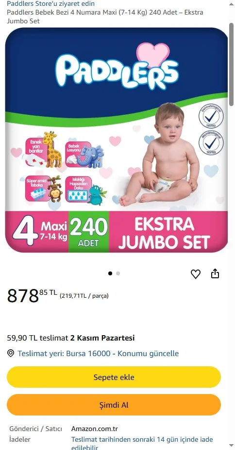 Paddlers Bebek Bezi 4 Numara Maxi (7-14 Kg) 240 Adet – Ekstra Jumbo Set