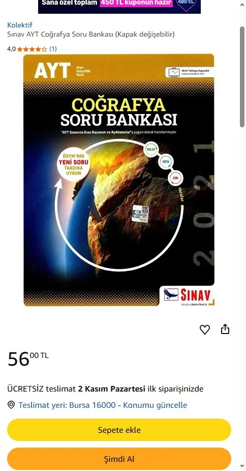 Sınav AYT Coğrafya Soru Bankası (Kapak değişebilir)