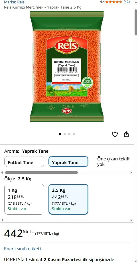 Reis Kırmızı Mercimek - Yaprak Tane 2.5 Kg