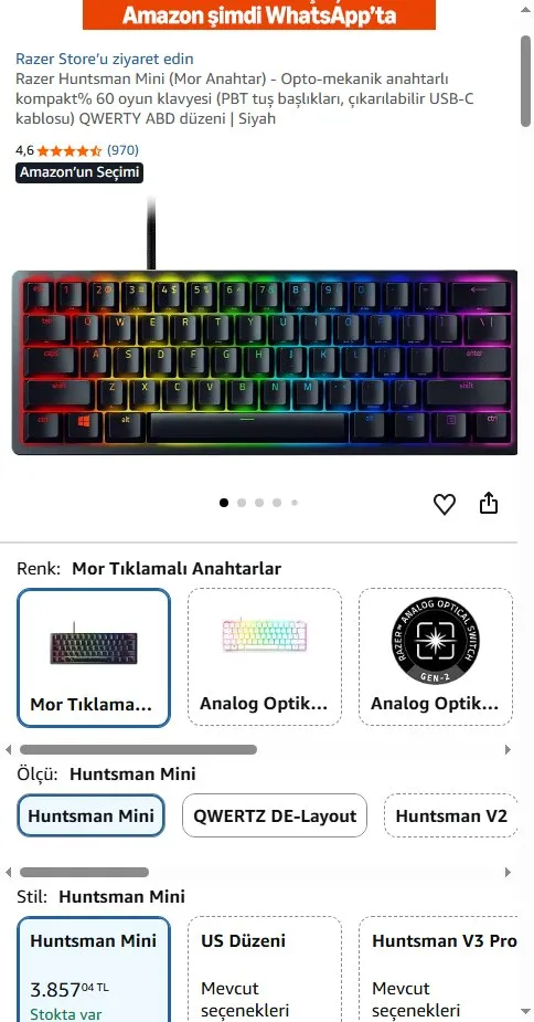 Razer Huntsman Mini (Mor Anahtar) - Opto-mekanik anahtarlı kompakt% 60 oyun klavyesi (PBT tuş başlıkları, çıkarılabilir USB-C kablosu) QWERTY ABD düzeni | Siyah