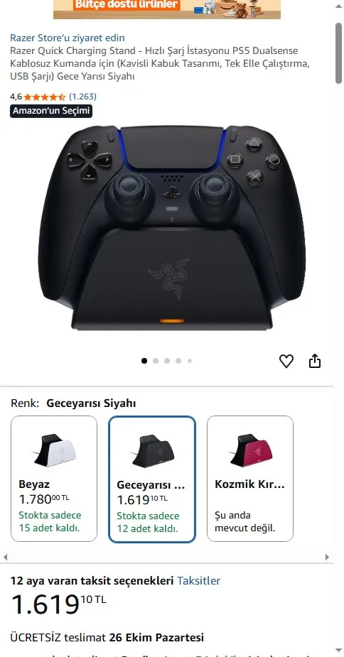 Razer Quick Charging Stand - Hızlı Şarj İstasyonu PS5 Dualsense Kablosuz Kumanda için (Kavisli Kabuk Tasarımı, Tek Elle Çalıştırma, USB Şarjı) Gece Yarısı Siyahı