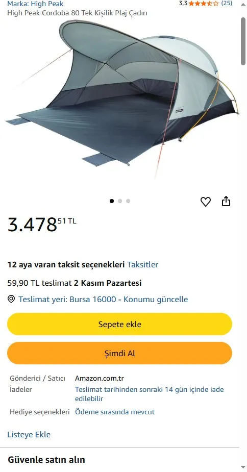 High Peak Cordoba 80 Tek Kişilik Plaj Çadırı