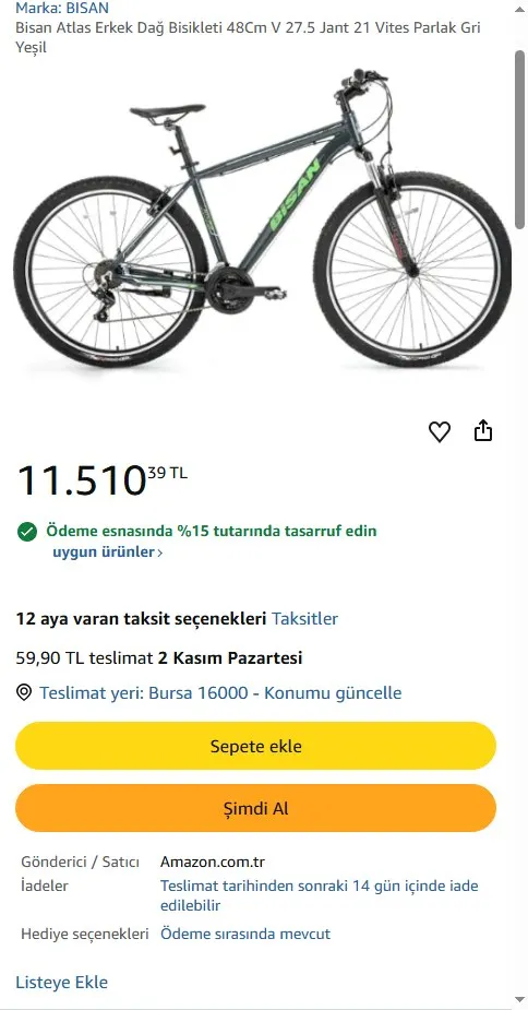 Bisan Atlas Erkek Dağ Bisikleti 48Cm V 27.5 Jant 21 Vites Parlak Gri Yeşil