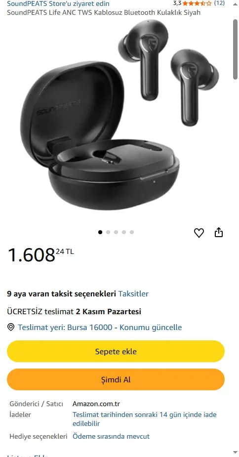 SoundPEATS Life ANC TWS Kablosuz Bluetooth Kulaklık Siyah