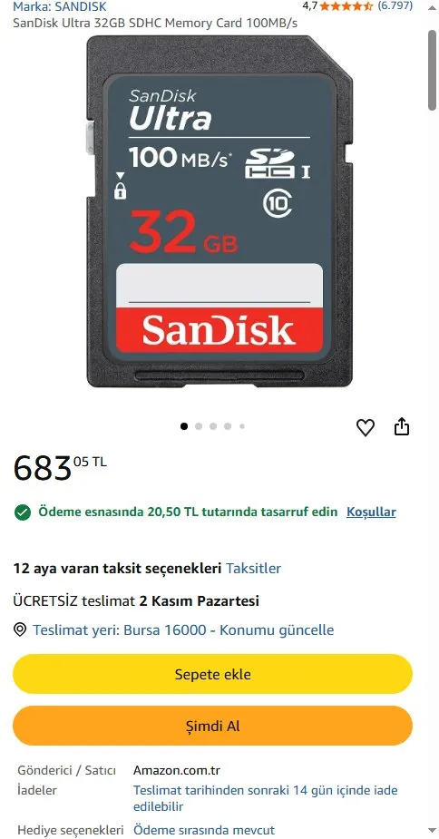 SanDisk Ultra 32GB SDHC Memory Card 100MB/s