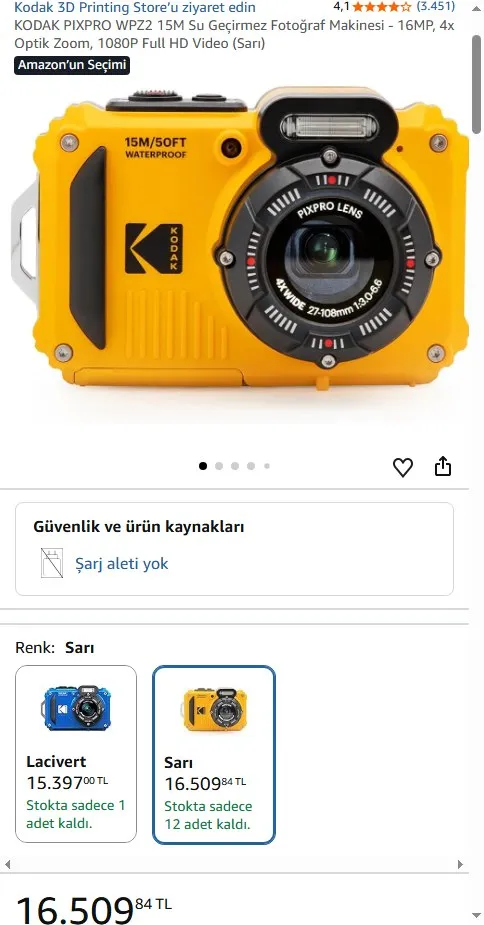 KODAK PIXPRO WPZ2 15M Su Geçirmez Fotoğraf Makinesi - 16MP, 4x Optik Zoom, 1080P Full HD Video (Sarı)