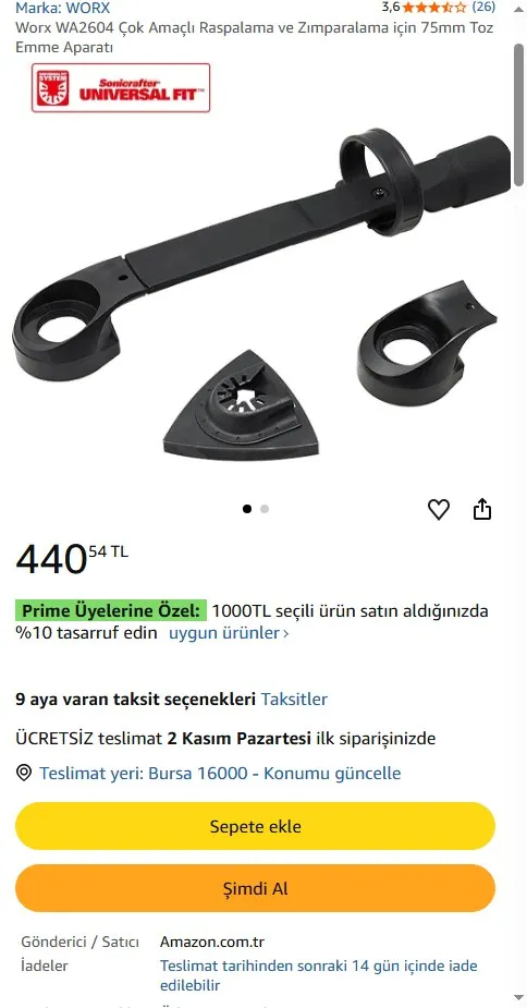 Worx WA2604 Çok Amaçlı Raspalama ve Zımparalama için 75mm Toz Emme Aparatı