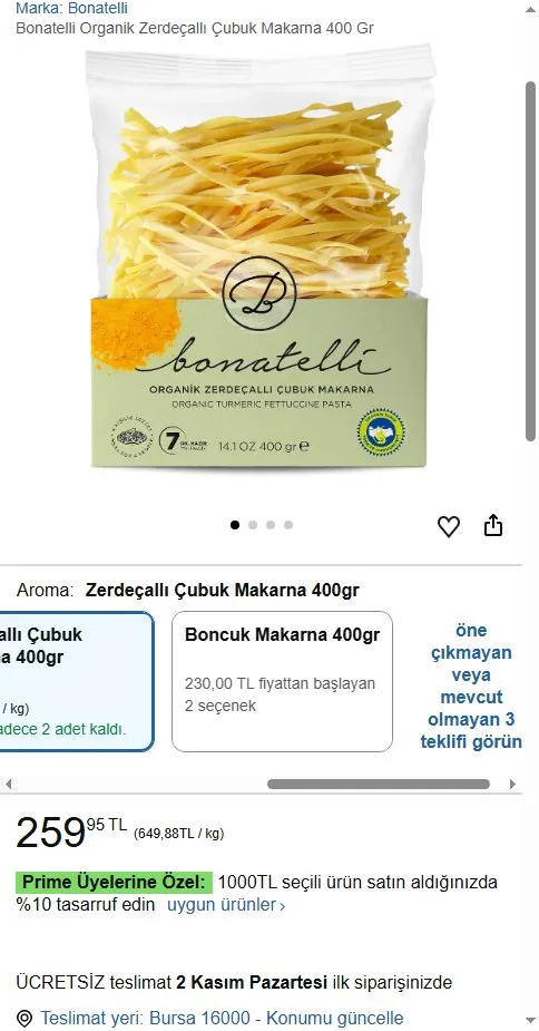 Bonatelli Organik Zerdeçallı Çubuk Makarna 400 Gr