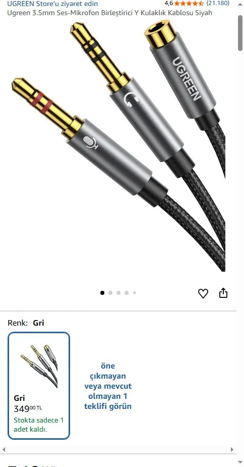 Ugreen 3.5mm Ses-Mikrofon Birleştirici Y Kulaklık Kablosu Siyah