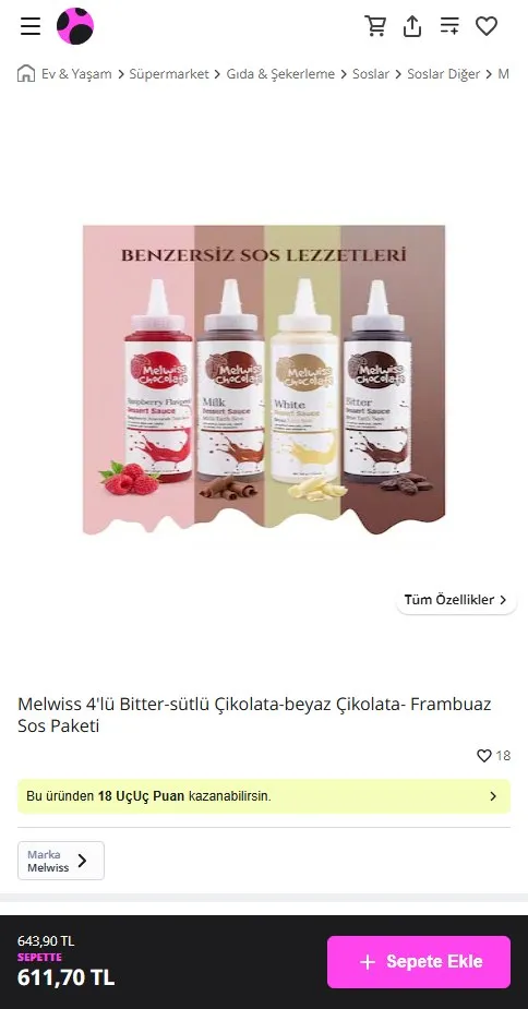 Melwiss 4'lü Bitter-sütlü Çikolata-beyaz Çikolata- Frambuaz Sos Paketi