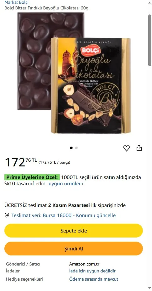 Bolçi Bitter Fındıklı Beyoğlu Çikolatası 60g