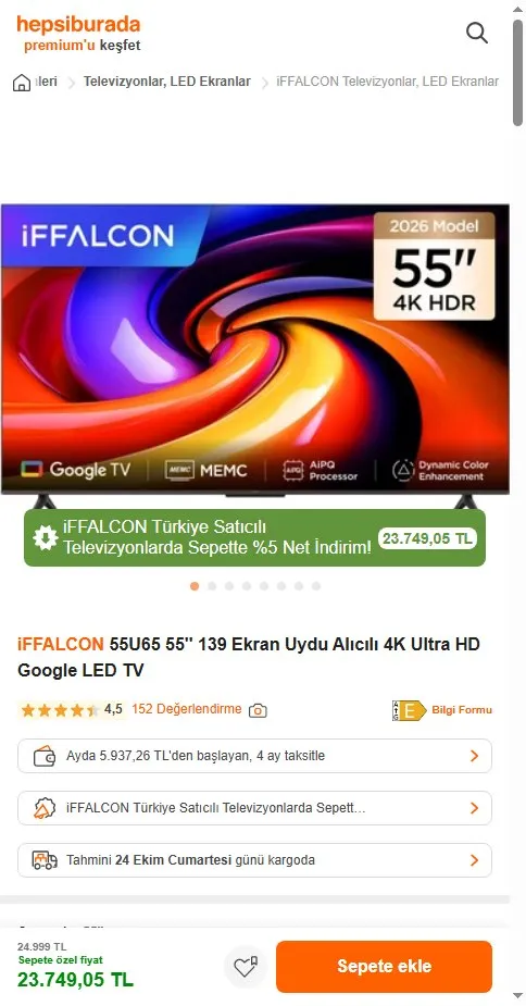iFFALCON 55U65 55'' 139 Ekran Uydu Alıcılı 4K Ultra HD Google LED TV