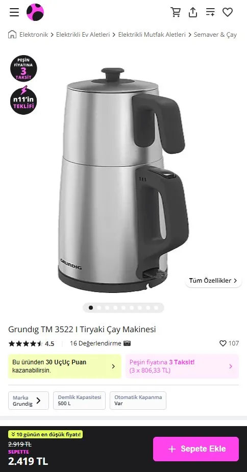 Grundıg TM 3522 I Tiryaki Çay Makinesi