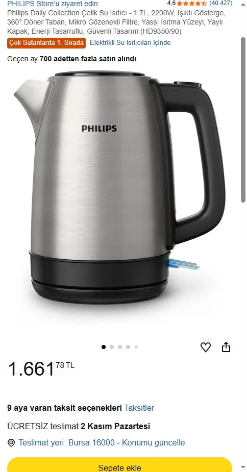 Philips Daily Collection Çelik Su Isıtıcı - 1.7L, 2200W, Işıklı Gösterge, 360° Döner Taban, Mikro Gözenekli Filtre, Yassı Isıtma Yüzeyi, Yaylı Kapak, Enerji Tasarruflu, Güvenli Tasarım (HD9350/90)