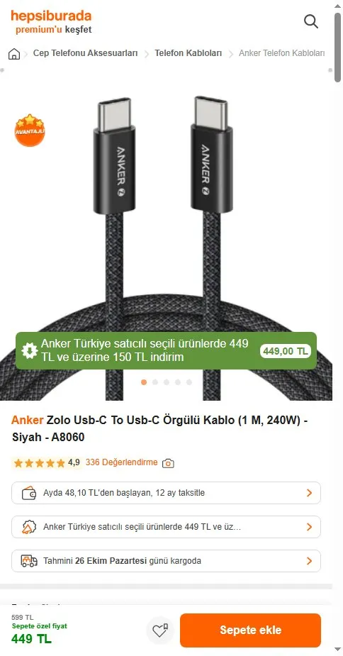Anker Zolo Usb-C To Usb-C Örgülü Kablo (1 M, 240W) - Siyah - A8060