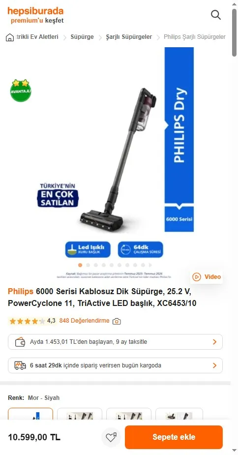 Philips 6000 Serisi Kablosuz Dik Süpürge, 25.2 V, PowerCyclone 11, TriActive LED başlık, XC6453/10