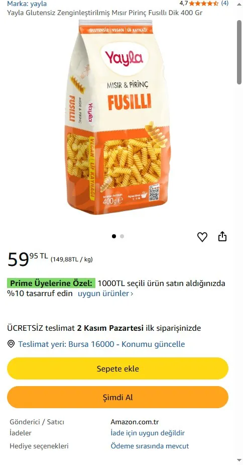 Yayla Glutensiz Zenginleştirilmiş Mısır Pirinç Fusıllı Dik 400 Gr