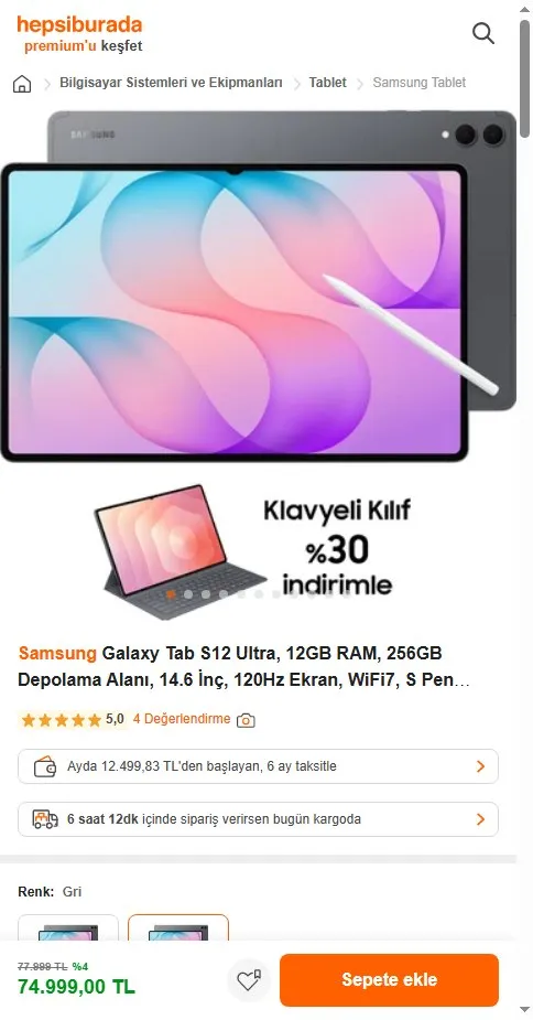 Samsung Galaxy Tab S12 Ultra, 12GB RAM, 256GB Depolama Alanı, 14.6 İnç, 120Hz Ekran, WiFi7, S Pen Dahil, Gri